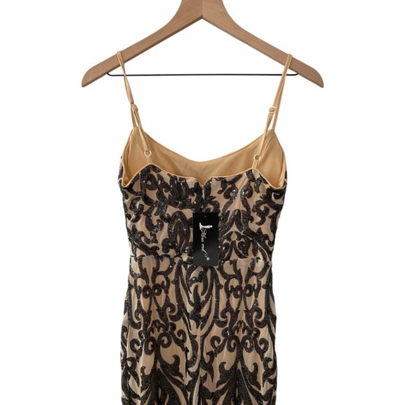 NWT  Nude Dress with black sequin lace details Spaghetti Straps backless size S - Picture 11 of 13